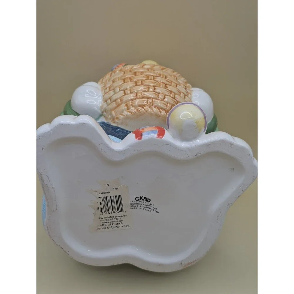CKA Ceramic Easter Bunny Cookie Jar Vtg Rabbit Holding Basket Eggs Straw Hat *